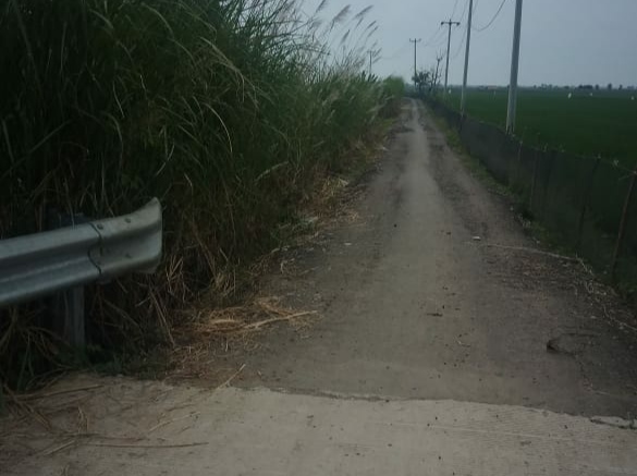 Jalan Desa Pantai Bakti akses menuju Jembatan Jokowi sudah rusak lantaran dilintasi Excavator. 