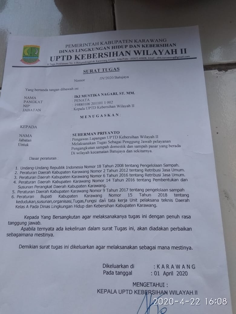 Surat Tugas, Kepala UPTD Wilayah II mengeluarkan Surat Tugas tanpa nomor registrasi. (Foto:Endang/potretjabar) 